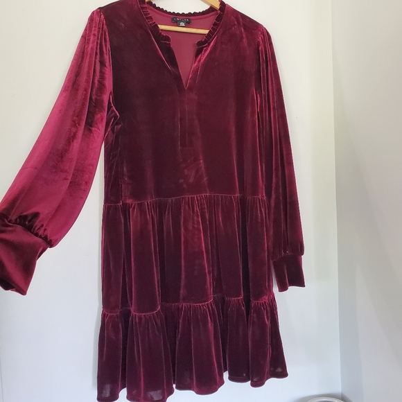 1. STATE Burgundy Velour Tiered Puff LS Dress XL Knee Length Dark Romance Gothic - Picture 1 of 14